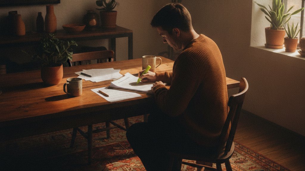 Homeowner reviewing a construction contract at a kitchen table
